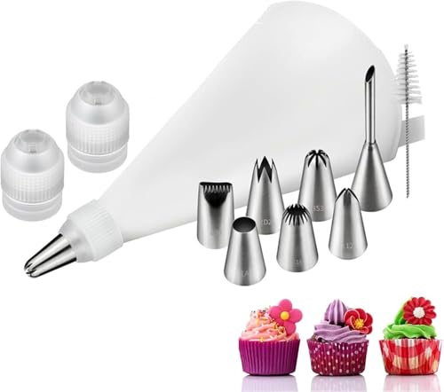 11 Stück Spritzbeutel Set - Spritzbeutel mit Tüllen aus robustem Material, strapazierfähiger Spritzsack aus Baumwolle inkl. Reinigungsbürste zum Torten Dekorieren & für Churros