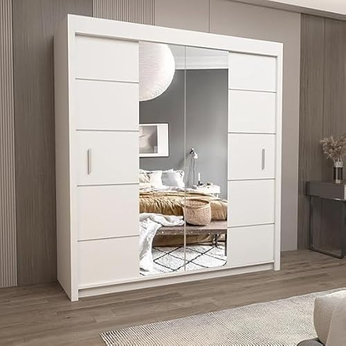 Oslo Sliding Door Wardrobe White Modern Bedroom Wardrobe with 2 or 3 Sliding Doors Mirror Panels, Rails & Shelves (White, 150cm)