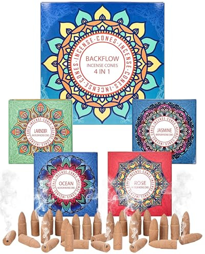 Backflow Incense Cones Gift Set Rose, Jasmine, Ocean, Lavender Variety Pack - 60 Pcs Large Back Flow Incense Cones Scented