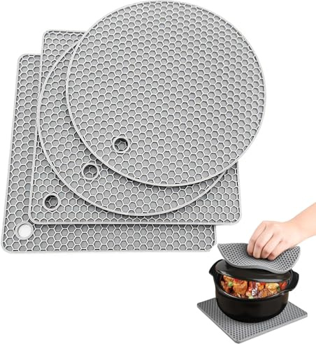 4 Pack Silicone Trivet Mats, Extra Thick Heat Resistant Multi-purpose None slip Silicone Trivet Mat, 18 cm Hot Pot Pads Oven Mitt for Kitchen Cooking Dining Microwave, Square and Round(4 Light Gray)