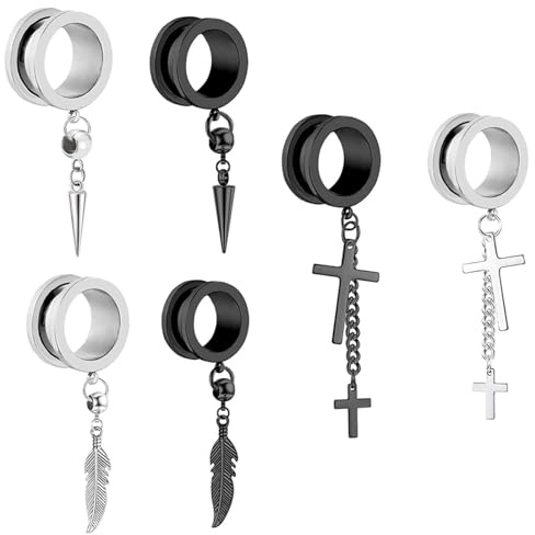 Skcess 6Pcs Ohr Tunnel mit Anhänger, Edelstahl Flesh Tunnel Set 6-16 MM Anhänger Feder Kreuzen mit Schraubverschluss Expander Ohr Plugs Piercing Ohrringe