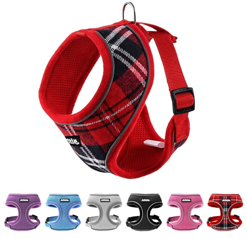 AIITLE Weihnachtliches, atmungsaktives Hundegeschirr für kleine Hunde, Bequeme, verstellbare Karierte Netzweste mit reflektierenden Sicherheitsstreifen – perfekt für Pudel, Teddyhunde (M, Rot)