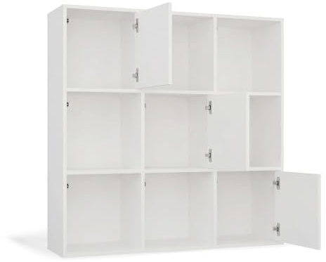 CDF Bücherregal mit 9 Fächern Würfelregal offenen Würfeln + 3 verschließbar für Wohnzimmer Studio 3x3 Regal Stufenregal Ordnungssystem für Bücher Deko Fotos Arbeitszimmer Flur Weiß 30x110,5x110,5 cm
