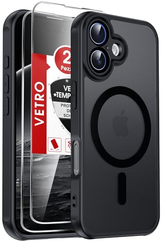 LeYi Funda para iPhone 16 Compatible con MagSafe Magnética, con 2× Cristal Templado, Carcasa Translúcido Esmerilado Grado Militar Antigolpes Case, Negro