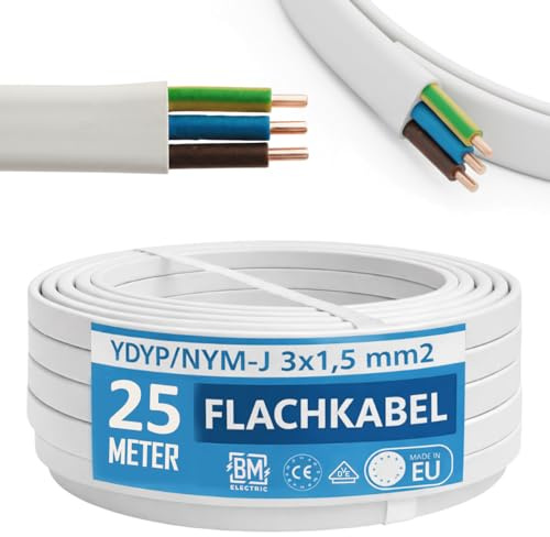 BM Electric Câble d'alimentation électrique YDYp NYM 3 x 1,5 mm² (plat 10 × 5 mm) – Câble plat pour passage de fenêtre | Câble d'installation électrique | 300/500 V | Cuivre massif | Fabriqué dans