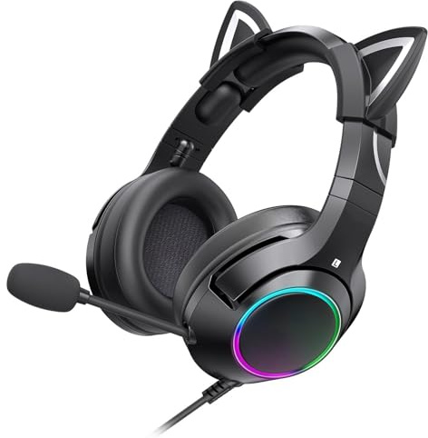 Spelheadset med mikrofon, löstagbara Cat Ear-hörlurar, Cat Ear-design med RGB-belysning, justerbara hörlurar med huvudband 7.1 Surround Sound, Lättviktshörlurar över örat (Svart 3,5 mm rund hålplugg)