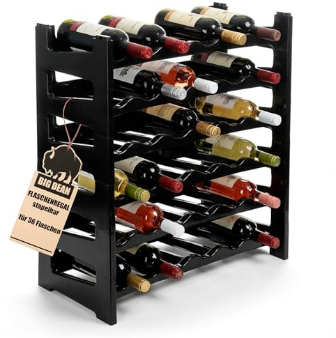 BigDean Flaschenregal stapelbar für 36 Flaschen Weinregal aus Kunststoff | Farbe Schwarz, Getränkeregal Flaschen Regalsystem für Glas- & PET bis 1,5 Liter, Weinflaschenregal, Stapelregal