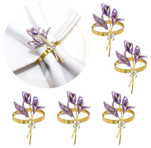 Fictory Set di 6 portatovaglioli con fiori di giglio con strass, viola e oro, eleganti portatovaglioli per matrimoni e feste, decorazione da pranzo