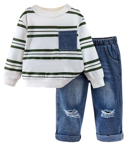 Tuta per ragazzi 3-7 anni Set completo di 2 felpe girocollo a maniche lunghe con stampa a righe e jeans larghi Y2k Activewear confortevole casual loungewear per tutti i giorni