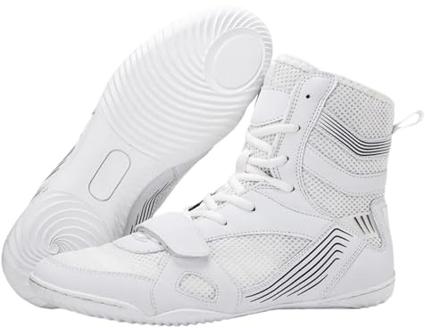 Hixingo Chaussures de Lutte pour Homme Femme 38-46, Chaussures de Boxe avec Antidérapantes Semelles en Caoutchouc Légère et Respirantes pour Boxe, Kickboxing, Lutte (R369 Blanc,45)
