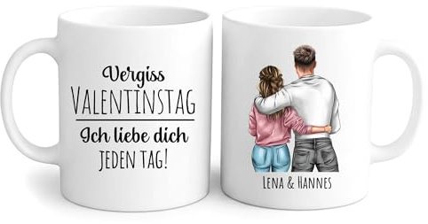 Love Faith personalisierte Paar-Tasse 325 ml - Vergiss Valentinstag - Namen | Hochwertige Keramiktasse mit witzigem Spruch - Wähle Wunschnamen & Clipart - Lustiges Paar-Geschenk, 325ml
