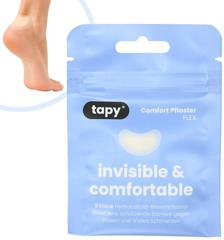 tapy® Blasenpflaster FLEX – Hydrokolloid Pflaster gegen Blasen an Ferse, Zehen und Fuß, ideal bei Reibung und Druck durch Schuhe, diskret und zuverlässig, wasserfest, starker Halt, 9 Pflaster