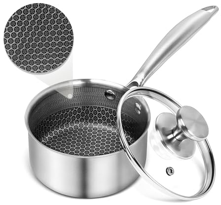 Tieplis 14cm Non-Stick Saucepan with Glass Lid - 304 Stainless Steel Sauce Pot, Honeycomb Technology, Induction Compatible, PFOA Free
