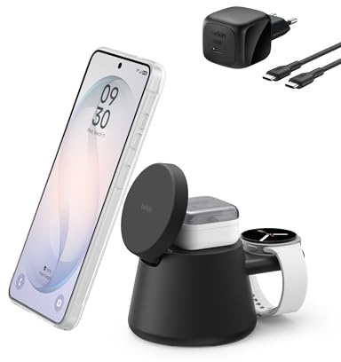 Belkin UltraCharge Station sans Fil 3-en-1 avec Qi2, 25 W - Noir | Chargeur Magnétique Qi2.2, USB-C, Chargeur Sans Fil Pour iPhone, Galaxy, Écouteurs, Montre Connectée, Adaptateur Secteur 45 W