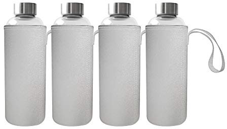 Rosenstein & Söhne Trinkflasche, BPA-frei: 4er-Set Trinkflaschen aus Borosilikat-Glas mit Neopren-Hülle, 750 ml (Wasserflaschen Glas, Water Bottle)