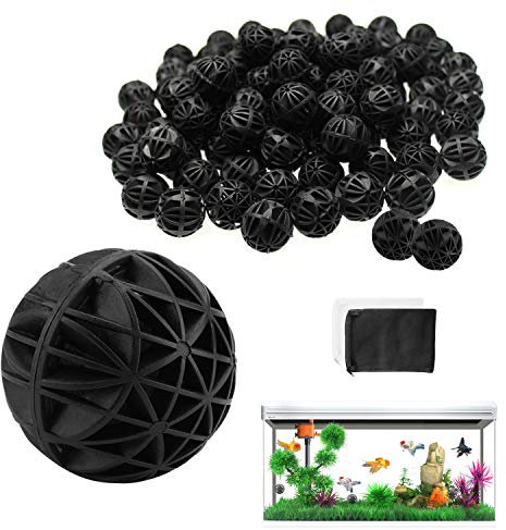 WZYTEU 100 bolas biológicas, filtro biológico de 26 mm, material de filtro de agua con algodón para acuario, estanque de peceras (negro, regala 2 bolsas de filtro)