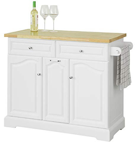 SoBuy FKW100-WN Kücheninsel mit Arbeitsplatte und 4 versteckten Rollen Küchenwagen ausziehbarem Flaschenhalter Küchenschrank Sideboard auf Rollen Küchentrolley weiß BHT ca.: 115x90,2x46cm