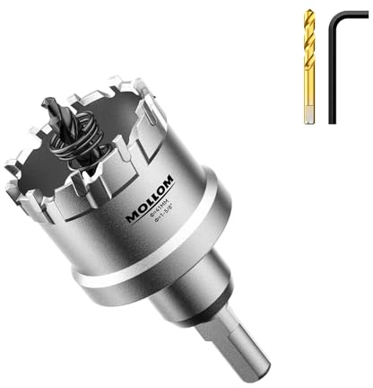 Mollom 1-5/8 (41mm) Scie à trou carbure 2 mèches pilotes incluses | Coupe-trous qualité industrielle pour acier inoxydable, acier doux, fer, cuivre, laiton, aluminium, plastique