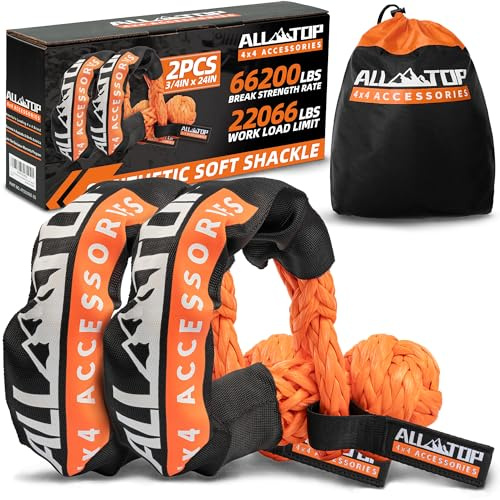 ALL-TOP Cuerda de grillete suave sintética de 3/4 x 24 pulgadas (rotura máxima de 66000 libras) UHMWPE grilletes de remolque de recuperación para vehículos todoterreno 4x4, 2 piezas