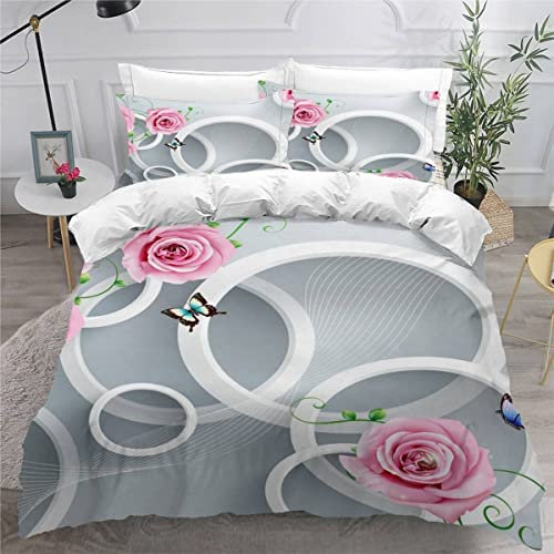 AASIRA Bettwäsche 200x200 3Teilig Pinke Rose Bettbezug Erwachsene Leicht Mikrofaser Bettwäsche Set mit Muster 3D Schmetterling Bettbezüge Sommer mit Reißverschluss und 2 Kissenbezüge 80x80