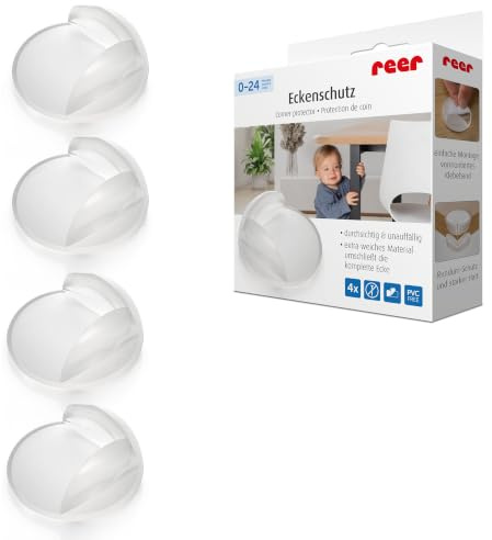 reer Eckenschutz Baby, TPE, PVC-frei, selbstklebend, 4 Stück, Transparent | Weiches TPE mit vormontiertem, durchsichtigem Klebeband; latexfrei, schadstoffgeprüft und rückstandsfrei entfernbar