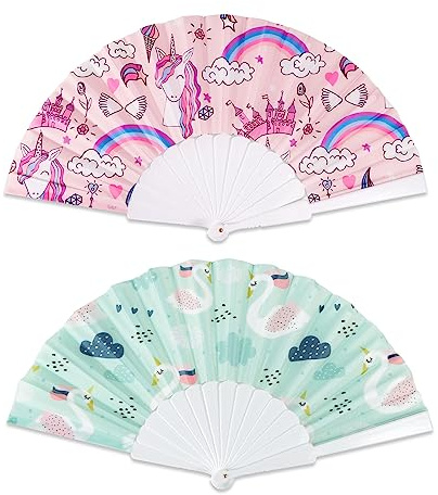 COLOFALLA 2 Stück Handfächer Mädchen Party Mitgebsel Fächer Klein Einhorn Kindergburtstag Sommer Geschenke für Mädchen Kinder mit Organzasäckchen