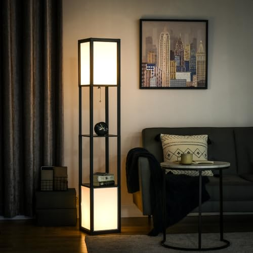 HOMCOM Lámpara de Pie Cuadrada E27 Máx. 40W 26x26x156 cm Negro y Blanco | Con Estante de Almacenaje, Diseño Moderno, Madera, Salón Dormitorio