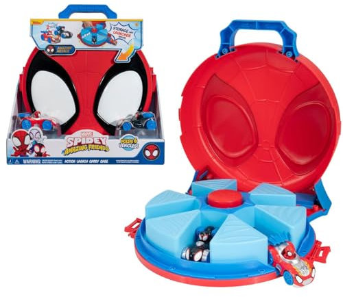 Jazwares Marvel Spidey and His Amazing Friends Action Launch - Custodia da trasporto da 12 pollici con lanciatore girevole e due fantastici veicoli in metallo
