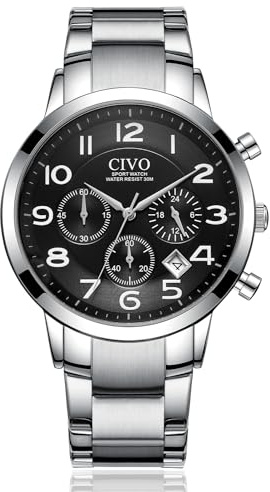 CIVO Herren Uhr Schwarz Analog: Edelstahl Chronographen Wasserdicht Armbanduhr Männer - Mode Datum Geschäft Beiläufig Designer Elengate für Herren