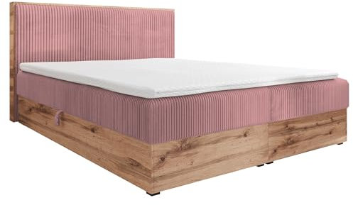 FURNISTAR Boxspringbett TILIA Doppelbett mit Bonellmatratze Bett mit Topper und Bettkasten Cord Stoff Polsterbett mit Kopfteil Modern Schlaffzimmer Wotan Plattet (120x200 Rosa)