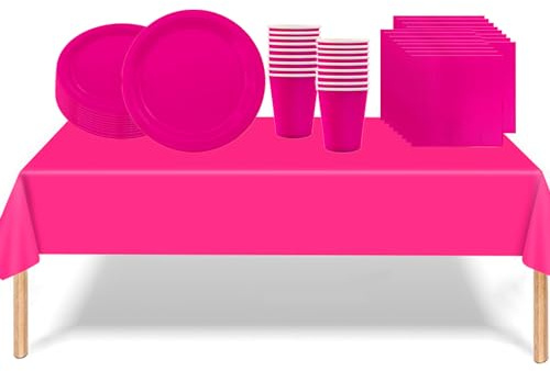 53 piezas de vajilla de color rosa intenso para cumpleaños de niños, juego de vajilla desechable para fiestas, manteles de mesa, platos de papel de 7 pulgadas, servilletas de papel, tazas para Navidad