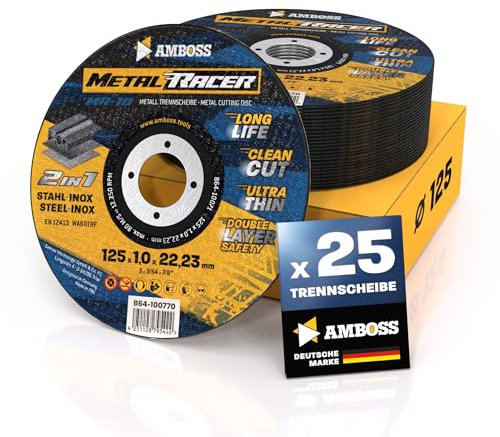 Disque a tronconner 125 metal (25 pièces) - Ø125x1x22.23mm - Disque a tronconneuse metaux Metal Racer by AMBOSS WERKZEUGE - Disque meuleuse 125 pour acier, acier inoxydable et meuleuse angulaire