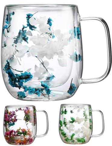 Qikam 3 Stück Doppelwandige Gläser Mit Trockener Blume - Schöne Kaffeetasse, Latte Macchiato Gläser, Süße Kaffeeglas Teegläser Mit Henkel für Cappuccino, Tee, Eis, Milch, Bier
