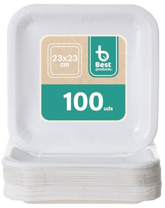 BEST PRODUCTS 100 Platos Desechables | Cartón Ecológicos Biodegradables Compostables y Reciclables | Para Fiestas Cumpleaños Comuniones o Eventos | Cuadrados Llanos 23x23cm