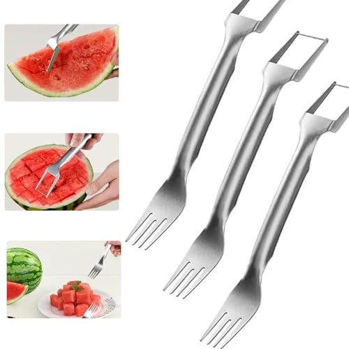 2 in 1 Stainless Steel Fruit Cutter New 2024 Watermelon Fork Slicer Double Head Watermelon Cutting Tool for Kitchen (3PCS)