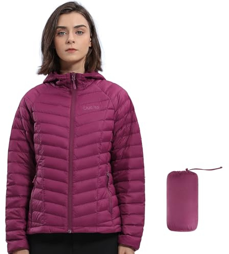 OutPro Daunenjacke Damen Leichte Packbare Übergangsjacke Warme Winterjacke mit Kapuze Outdoor für Frauen Warmes Polythermal-Futter mit Taschen für Freizeit Wandern Reisen,Rosa,S