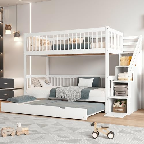 Etagenbett Kinderbett 90x200 mit Rollbett, Hochbett für 3 Kinder, Multifunktionsbett mit Leiterschrank&Handlauf&Fallschutzgitter&Lattenrost, Kinderhochbett Stockbett Hausbett Bettgestell, Kiefer, Weiß