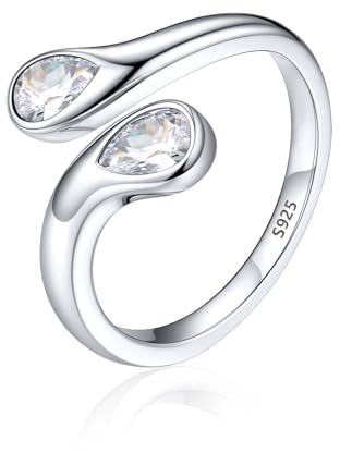 Silvora Anillo Mujer Circonita Brillante Corte Pera Plata de Primera Ley 925 Banda Fino Talla Ajustable Piedra Diamante Sintético Regalo Compromiso Pareja Novia Esposa Prometida