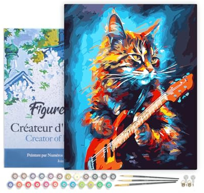 Figured'Art Peinture par Numéro Adulte avec Cadre Chat rocker en Abstrait - Activité Manuelle Kit de Loisir Créatif DIY Numéro d'Art Complet - 40x50cm toile tendue sur châssis