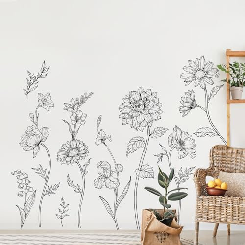 Decvictor Pegatinas de Pared Dibujo Vintage Flor Dalia, Vinilos Decorativos Pared Línea Negra Sencilla Floral, Adesivos Paredes Decoración para Salon Pasillo Oficina Sofá Fondo Muro (W174 * H90 cm)