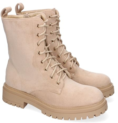 shoes&blues.es 87531 Botin de Mujer Estilo Militar, Comodos y Elegantes, Suela Dentada, Diseno Elegante, Cierre de Cordoneras y Cremallera. Beige Talla 38