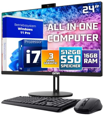 GMR All in One Desktop Computer mit i7 | 24 Zoll Display - Tastatur & Maus | 3 Jahre Garantie | 16 GB RAM | 512GB SSD | USB 3 | Windows 11 PRO | Webcam | WiFi + BT