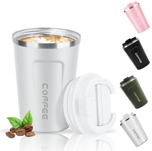 HZYUEKUN 380 ML Coffee Cup Mug Travel Mug with Leakproof Lid Stainless Steel Keep Warm Cold Insulation Protection Protable Reusable Cup Drink Coffee Water for Travel School Work(White)