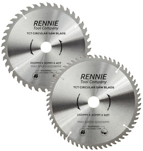 Rennie Tool 2pcs 250mm x 30mm Bore x 40T 60T TCT Circular Saw Blades | For Bosch Makita Dewalt Circular Saws Etc. For Wood & Includes 25mm 20mm & 16mm Bore Reduction Rings.Fits 255mm Circular Saws