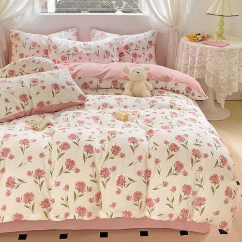 Nayoroom Bettwäsche 135x200 Rosa Beige Blumen Blüten Floral Wende Bettwäsche Set Microfaser 2teilig, Romantisch Mädchen Blumenmuster Bettbezug und 1 Kissenbezug 80x80 cm mit Reißverschluss