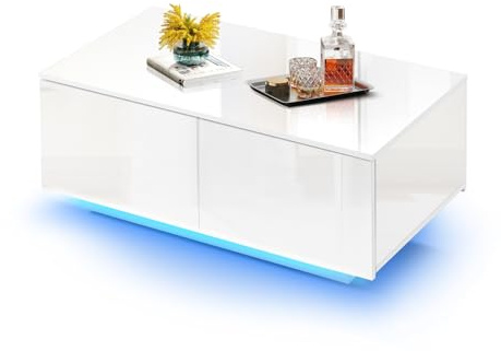 LEMROE LED Coffee Table with 4 Drawers Storage, White High Gloss Coffee Tables with 16 Colors LED Lights, Rectangle Coffee End Table for Home Office Furniture (White)