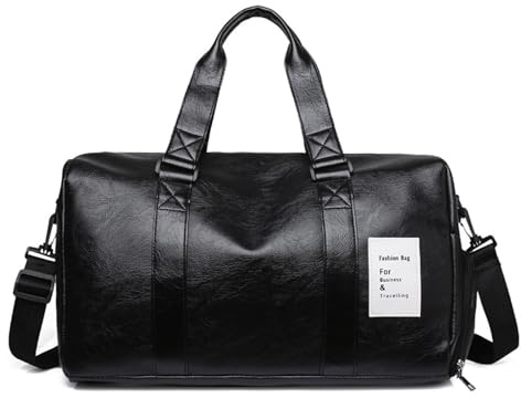 FANDARE Retro Sporttasche Reisetasche mit Schuhfach Herren Damen PU Leder Weekender Ryanair Handgepäck Weekender Bag Schwimmtasche Doktortasche Trainingstasche Badetasche Urlaubstasche Schwarz