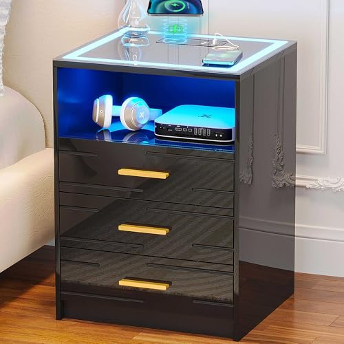 Bedside Table with Wireless Charging Station & 3 Drawers for Living Room | LED Nightstand with USB Type-C for Bedroom,black