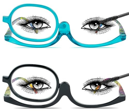 Chiccool - 2er-Set Make-up-Lesegläser für Frauen mit klappbarer Vergrößerung und Federscharnier, Schwarz + Blau, 3.50