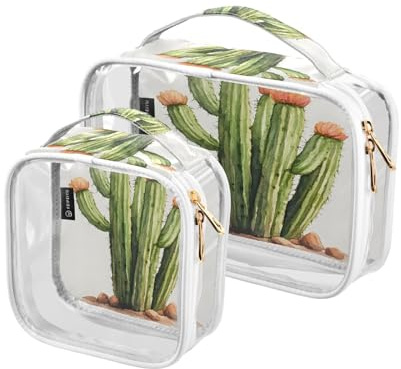 Watercolor Cactus Clear Toiletry Bag, 2 Pack Clear Makeup Bags with Handles for Travel